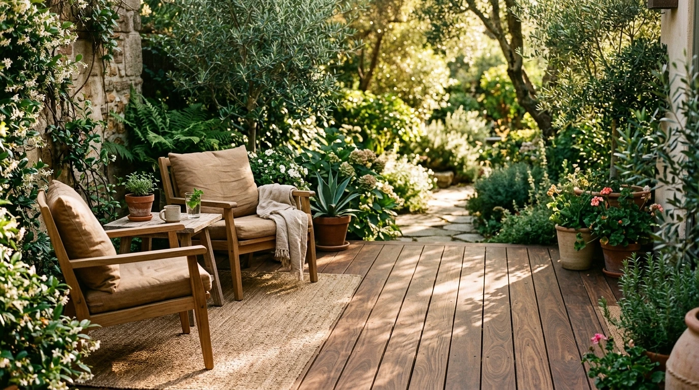 Belle terrasse en bois exotique au soleil dans un jardin