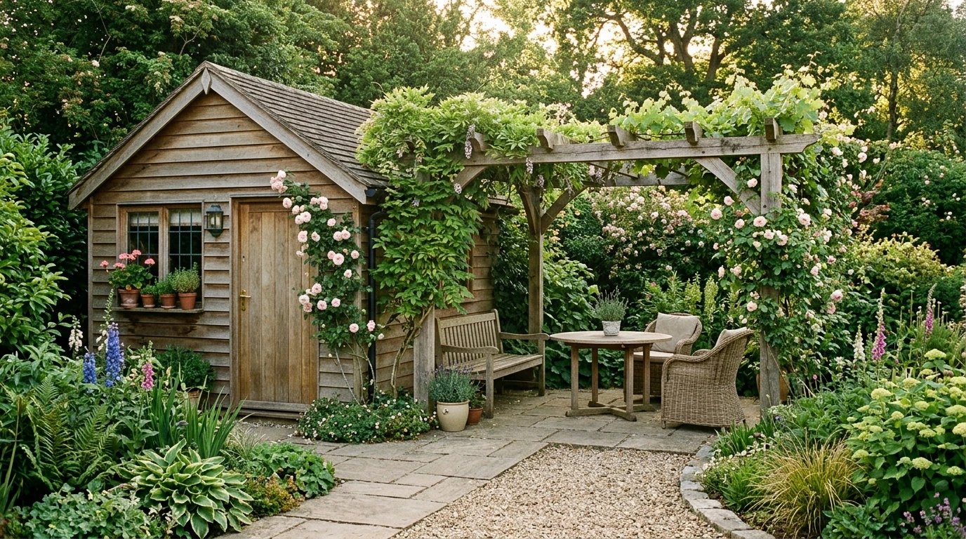 Abri de jardin et pergola en bois dans un jardin paysager