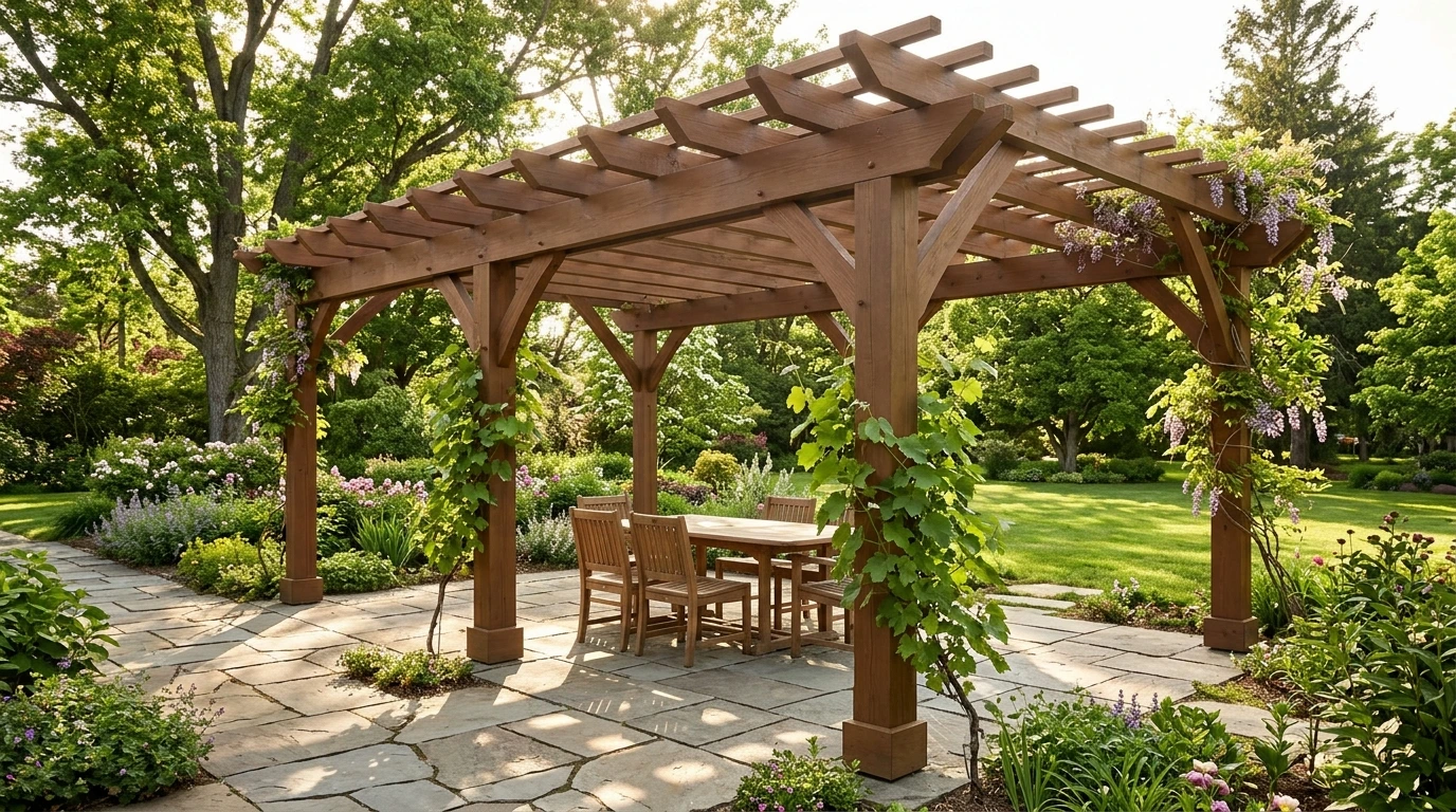 Pergola bois autoportée au-dessus d'une terrasse