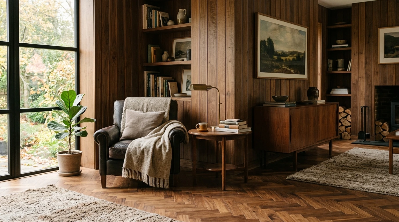 Intérieur chaleureux avec parquet et habillage bois