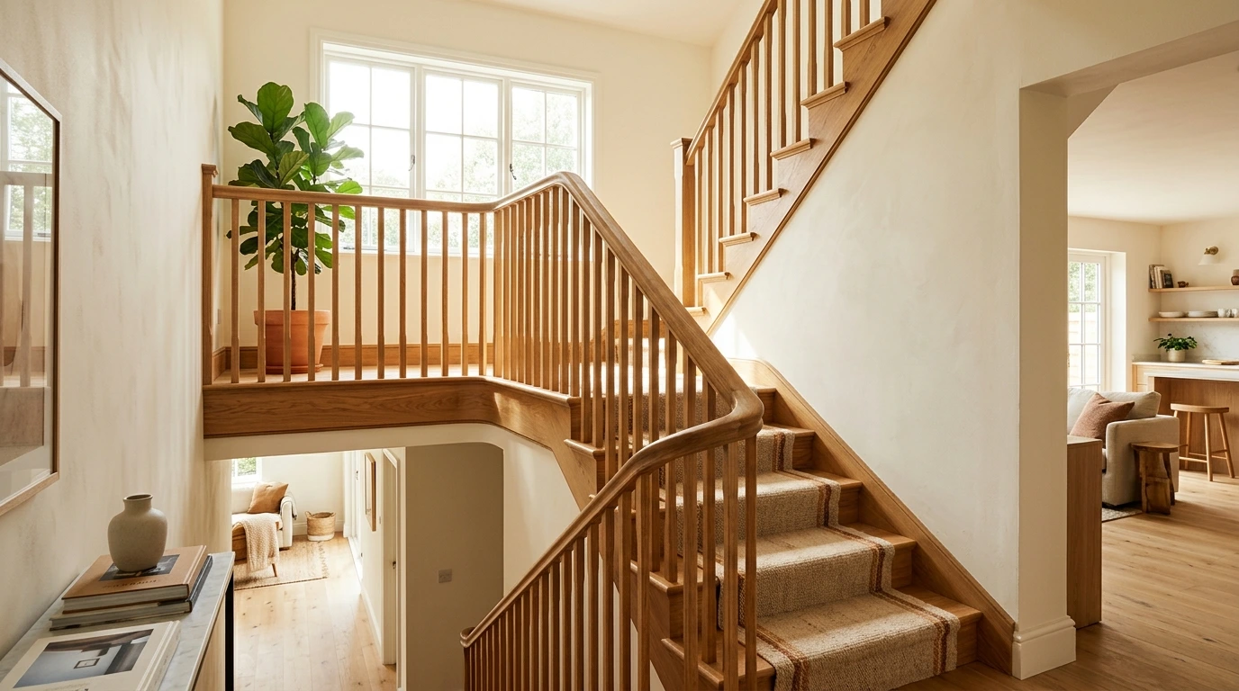 Escalier en bois massif dans une maison lumineuse
