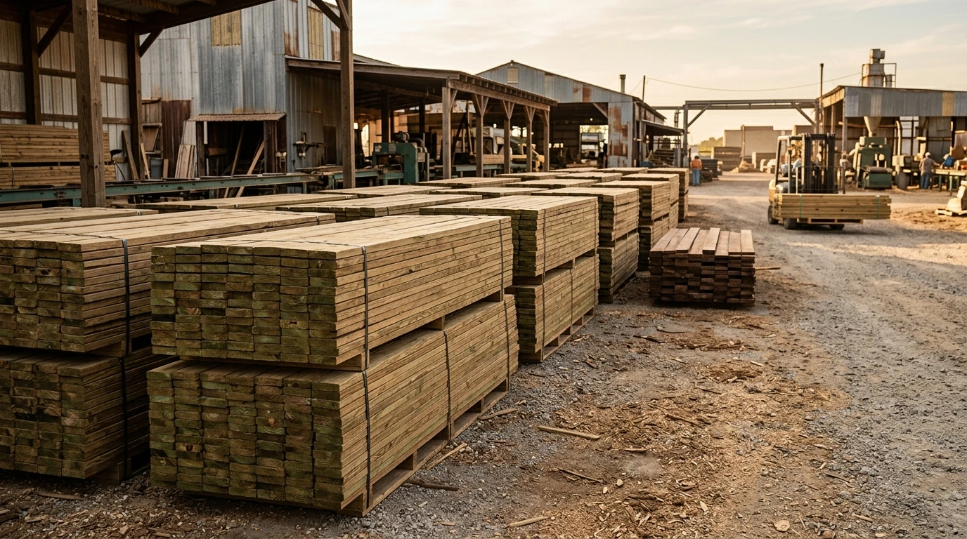 Planches de bois traité empilées en scierie