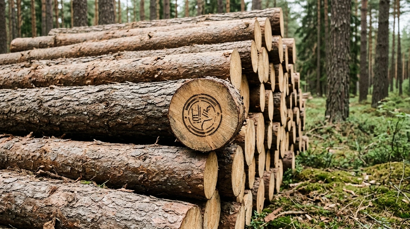 Bois certifié PEFC/FSC, grume marquée en forêt gérée
