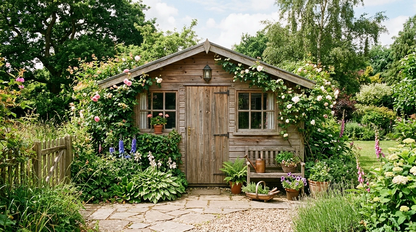 Chalet ou abri en bois massif dans un jardin arboré