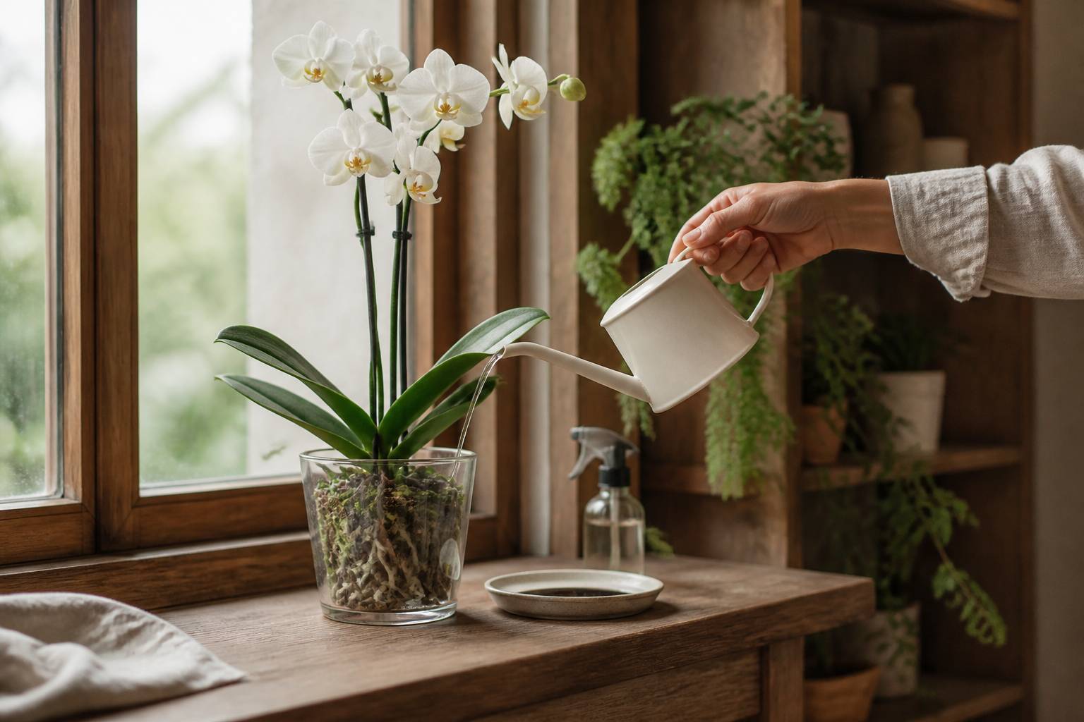 Arrosage d'une orchidée en pot transparent avec un petit arrosoir sur le rebord d'une fenêtre