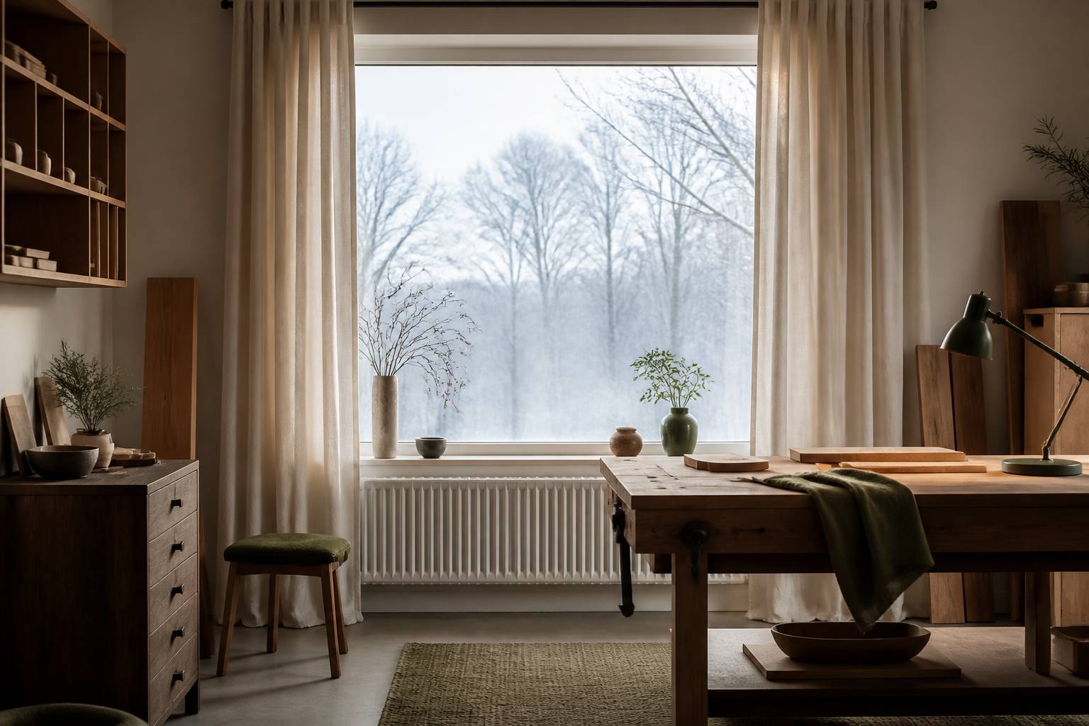 Grande baie vitrée avec rideaux épais et radiateur en dessous