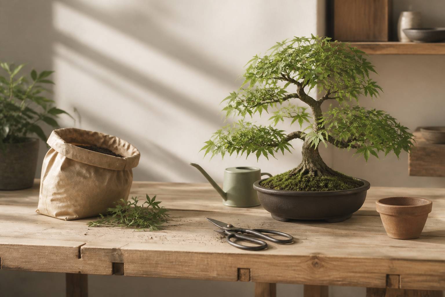 Outils d'entretien d'un bonsaï — ciseaux de taille, petit arrosoir, terreau — posés près du pot