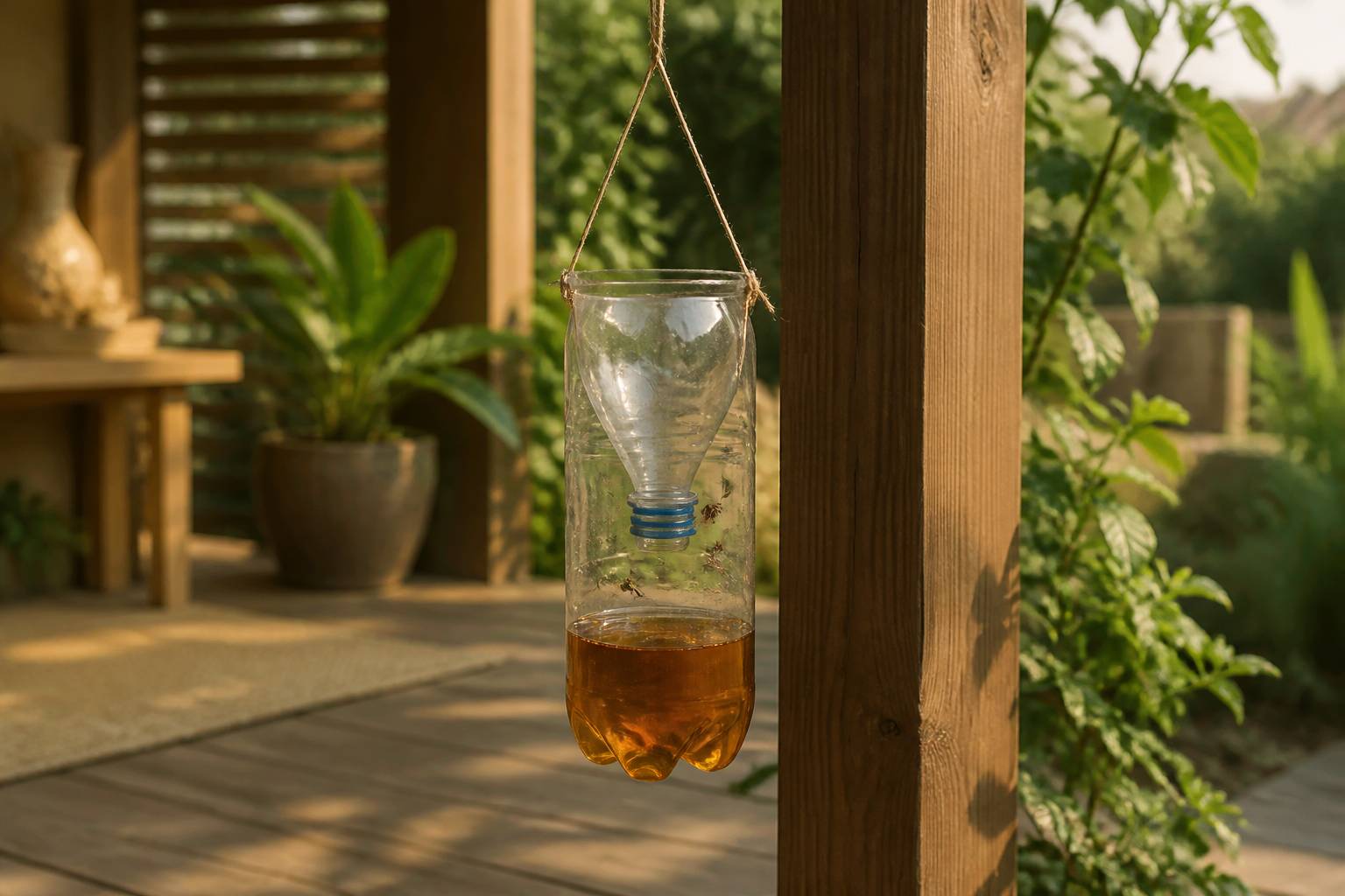 Bouteille piège remplie de liquide sucré accrochée près d'une terrasse