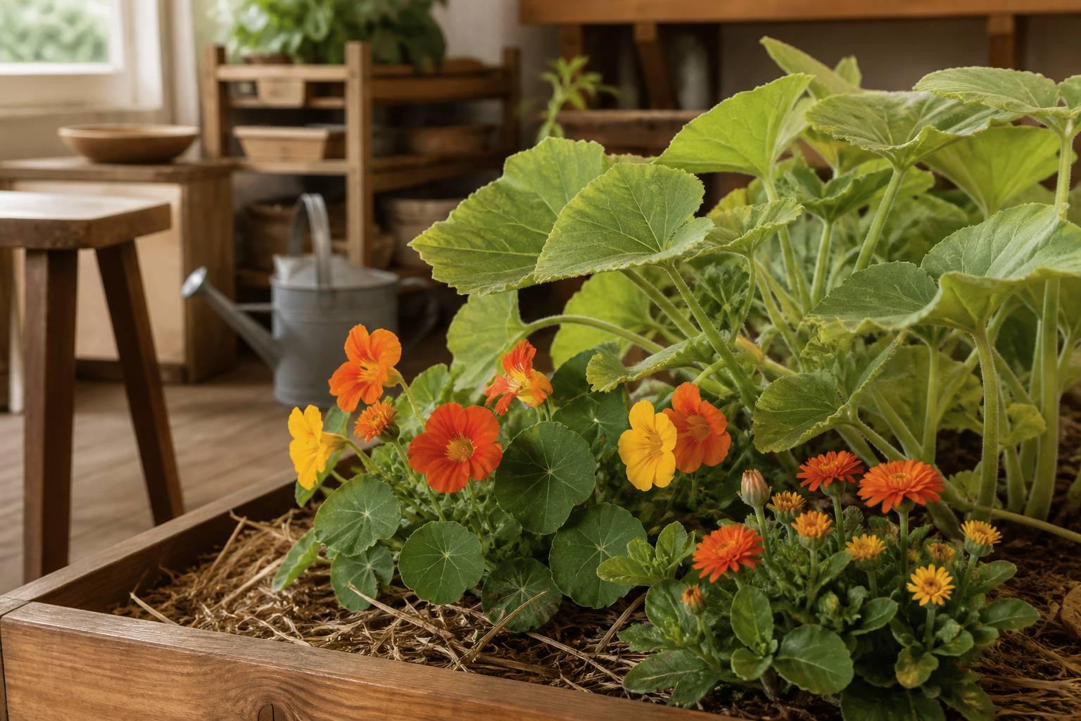 Fleurs de capucines et soucis plantés au pied de plants de courges