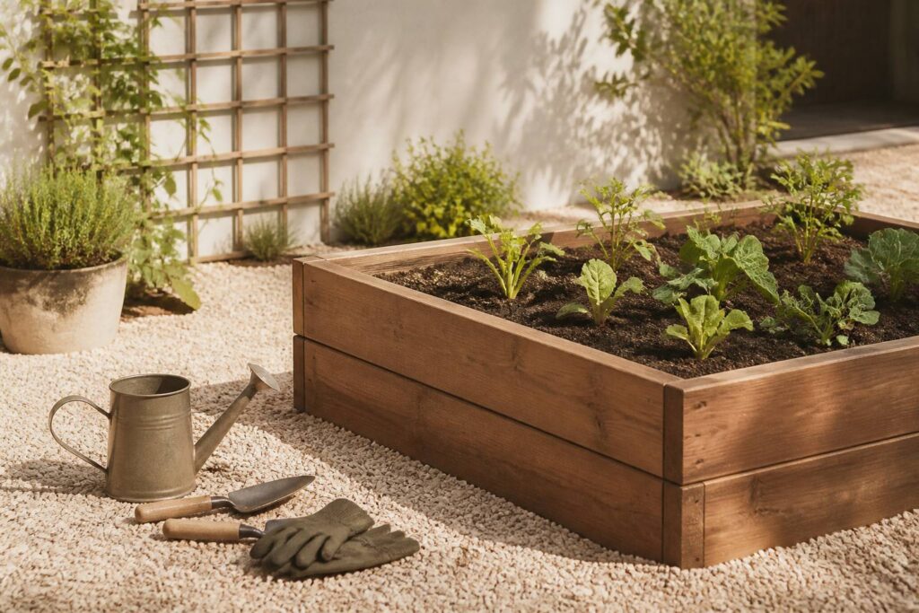 Carré potager surélevé en bois rempli de jeunes plants de légumes au jardin