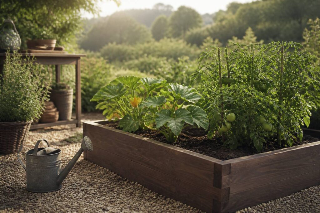 Carré potager en bois avec plants vigoureux de tomates