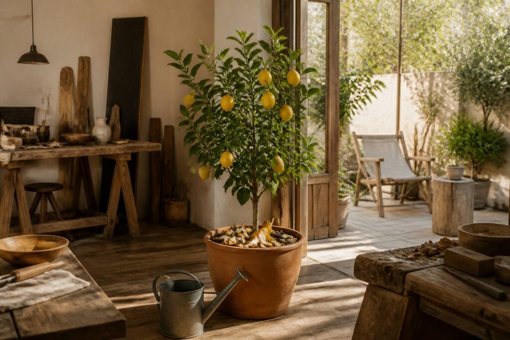 Citronnier en pot avec des épluchures de fruits en amendement au pied