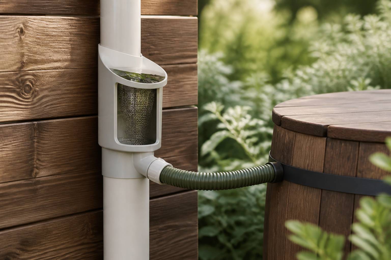 Collecteur d'eau de pluie avec filtre relié à une gouttière et une cuve