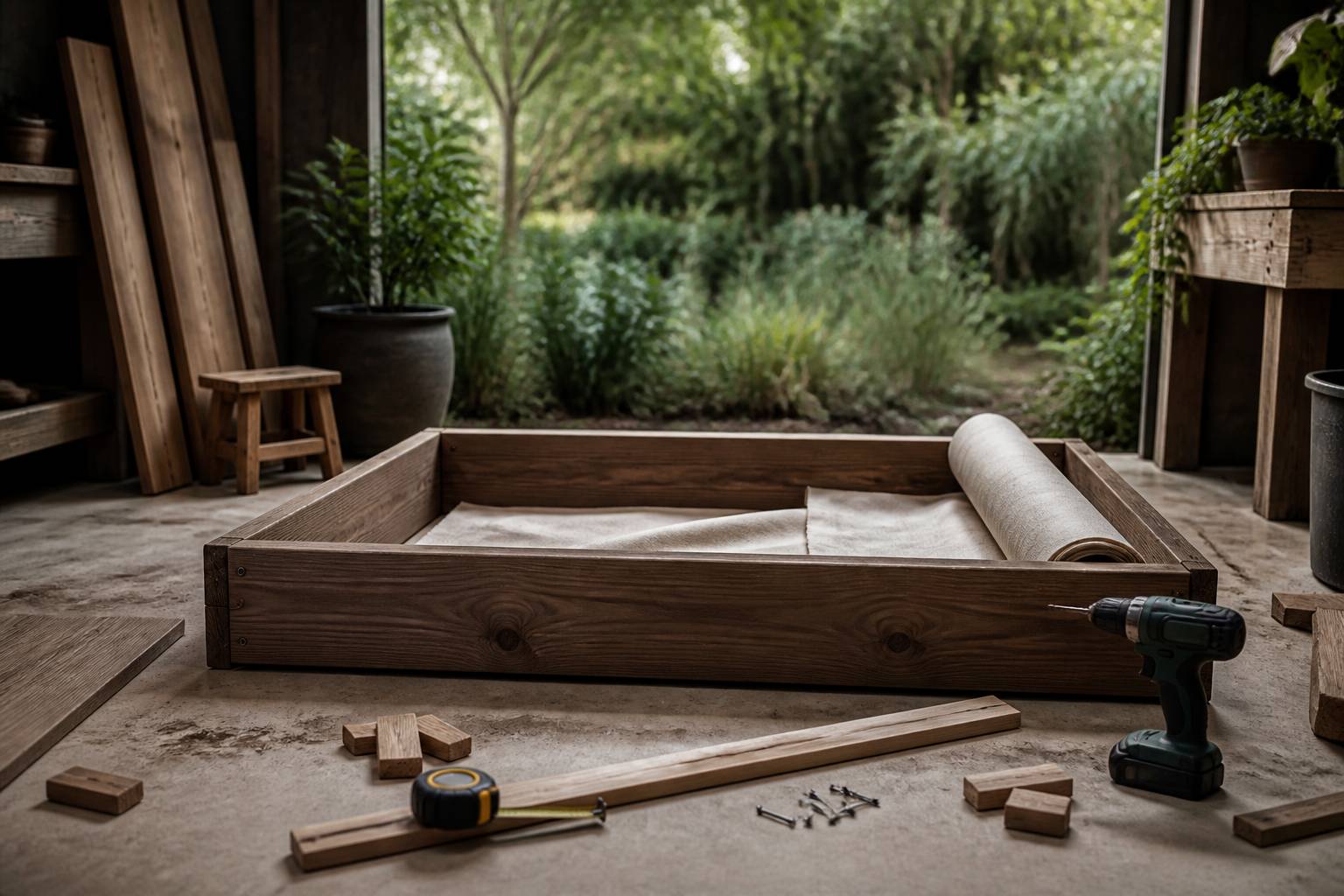 Assemblage de planches de bois pour un carré potager avec visseuse et géotextile
