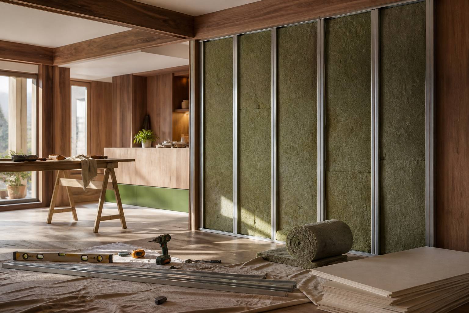 Contre-cloison avec panneaux isolants et outillage lors d'un chantier d'isolation
