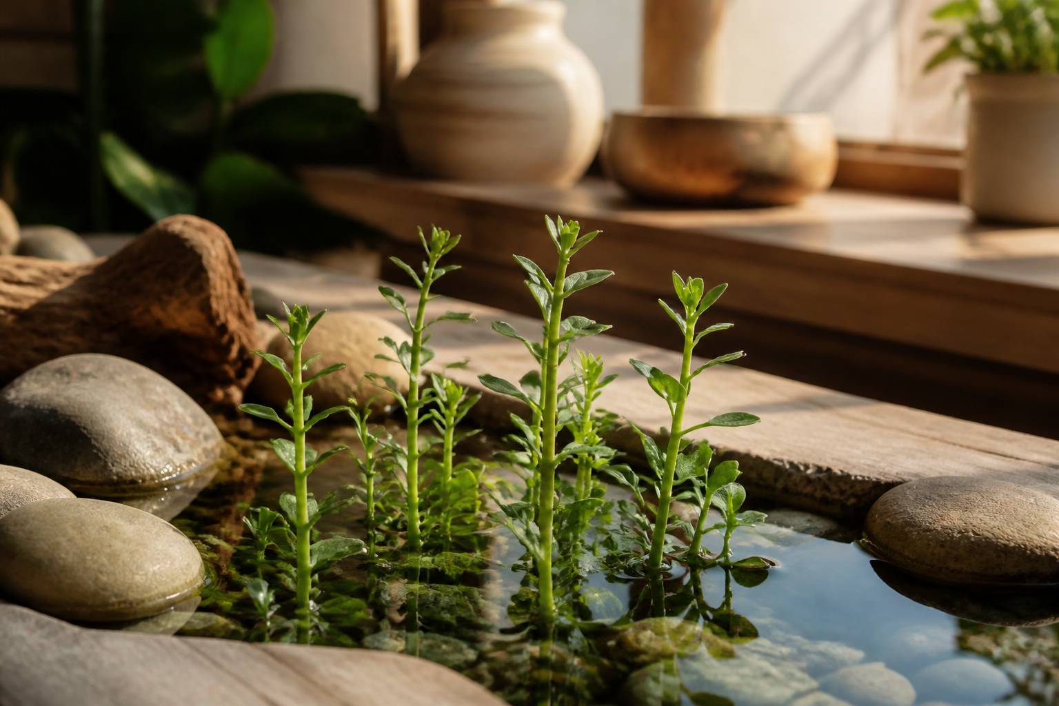 Tiges succulentes vertes d'une plante aquatique émergeant de l'eau peu profonde