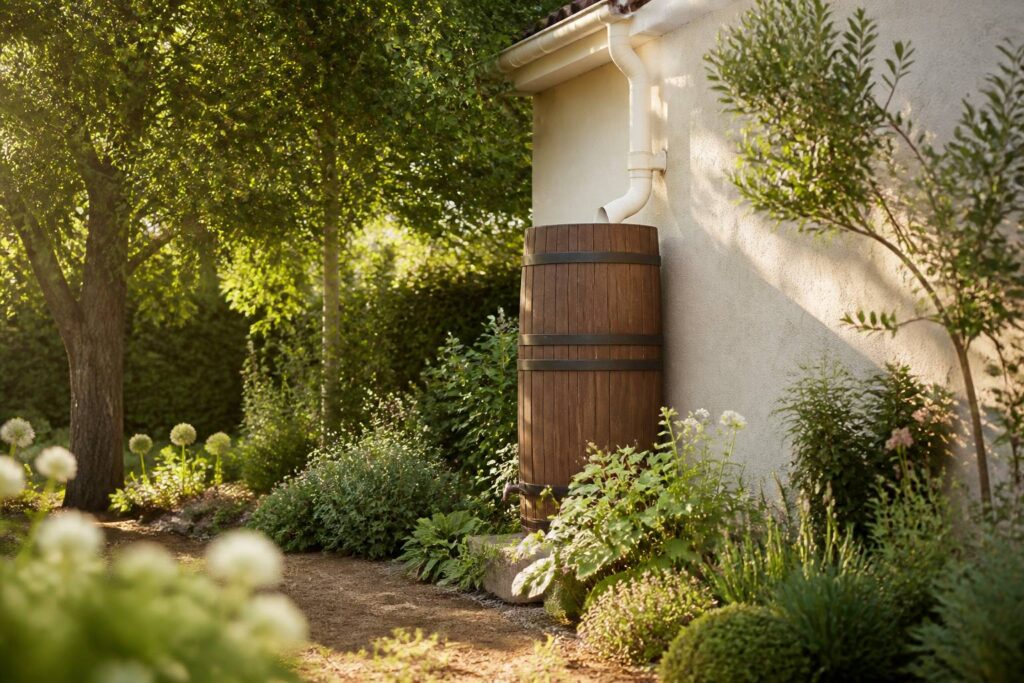 Cuve de récupération d'eau en bois sous gouttière dans un jardin verdoyant