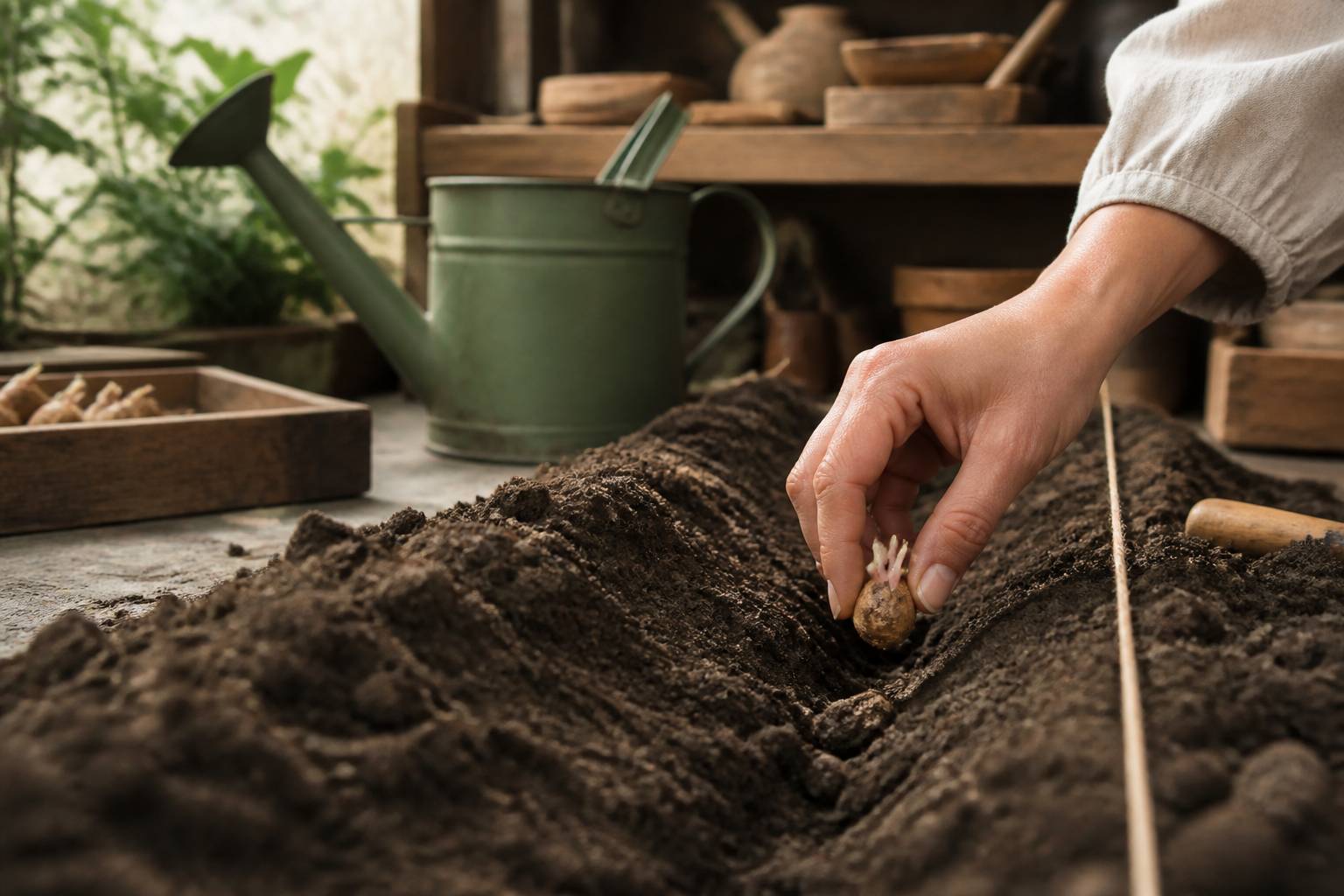 Main déposant un tubercule germé dans un sillon