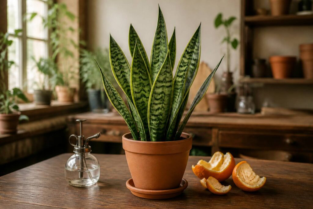 Plante langue de belle-mère en pot avec écorces d'orange et vaporisateur