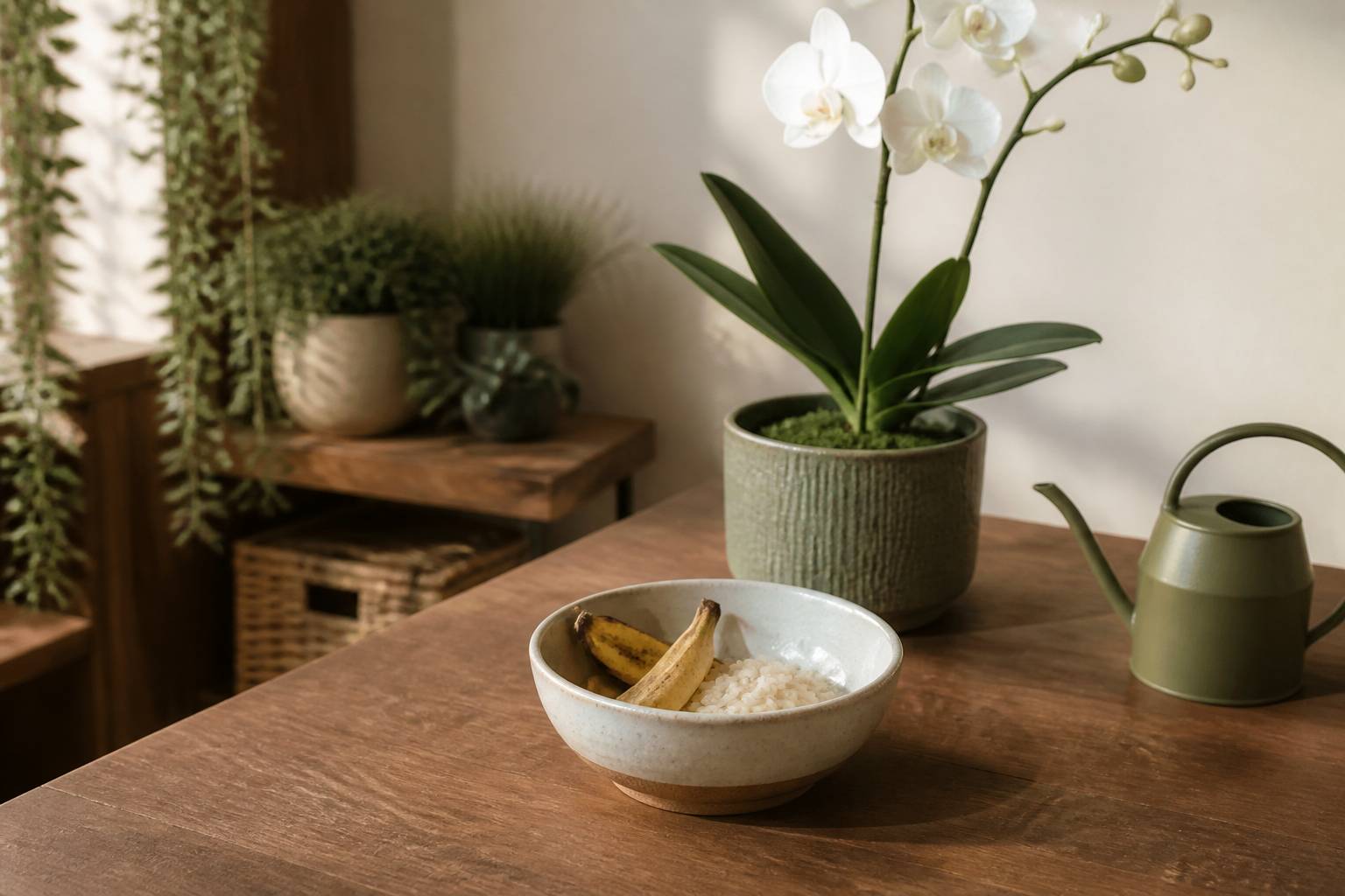 Bol avec épluchure de banane et riz près d'un pot d'orchidée