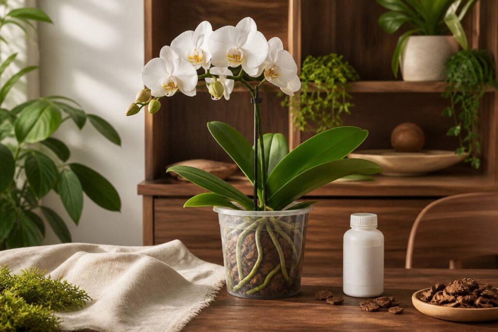 Orchidée phalaenopsis en fleurs avec flacon d'engrais