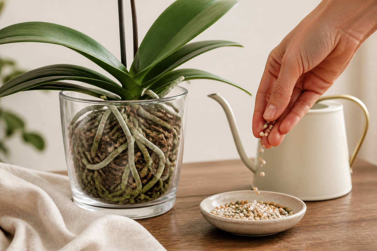 Racines d'orchidée dans un pot transparent avec granulés