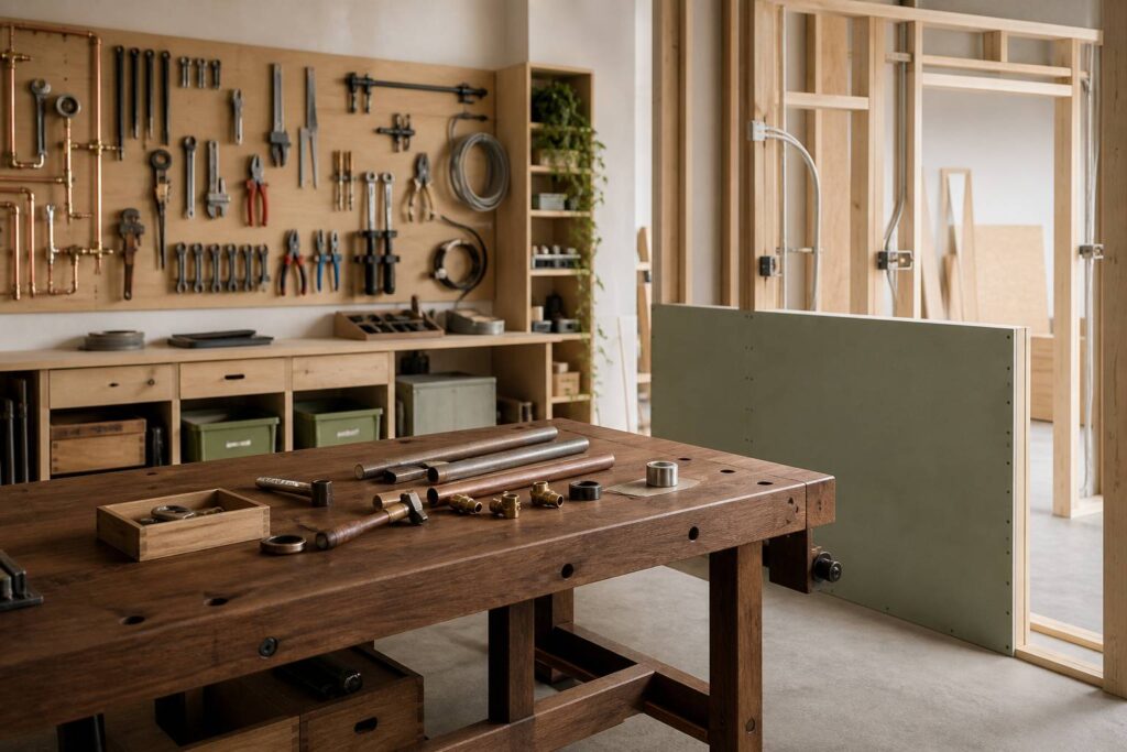 Atelier de formation aux métiers du bâtiment avec établi et outils
