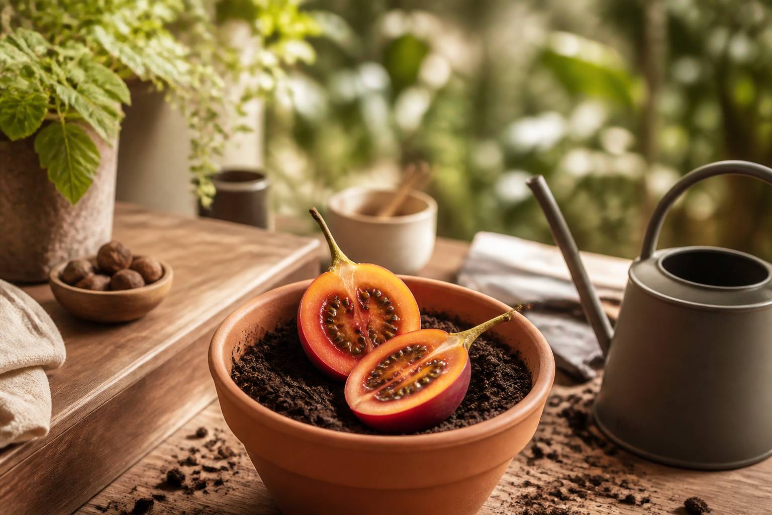 Tamarillo coupé en deux près d'un pot de culture en terre cuite