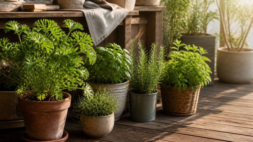 Géranium citronnelle en pot sur une terrasse ensoleillée entouré de plantes aromatiques