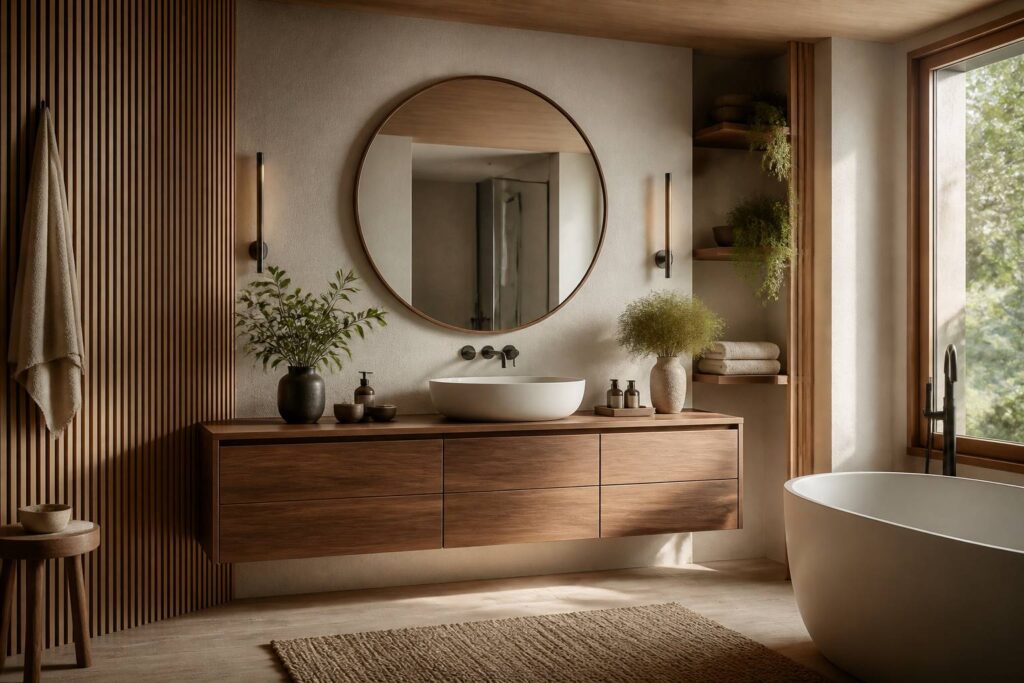 Miroir rond installé au-dessus d'une vasque dans une salle de bain en bois clair