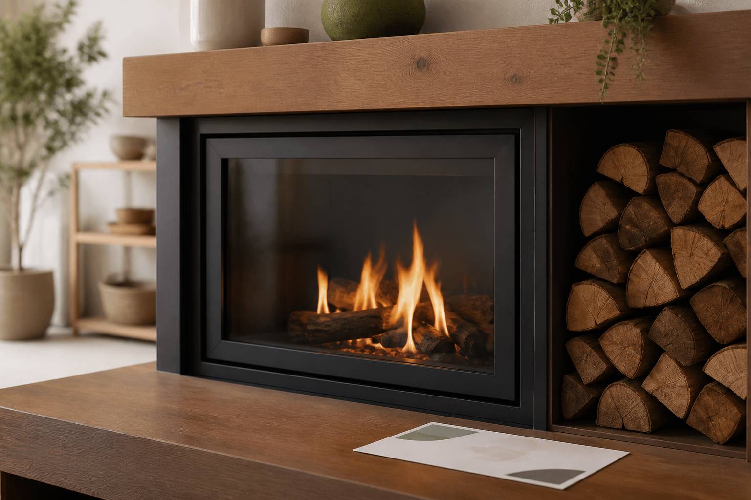 Insert de cheminée moderne avec flammes douces derrière la vitre