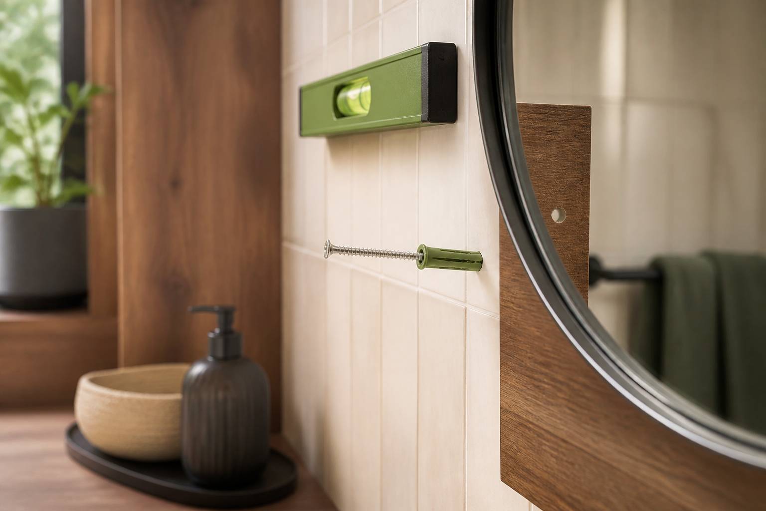 Fixation d'un miroir avec niveau à bulle sur un mur carrelé