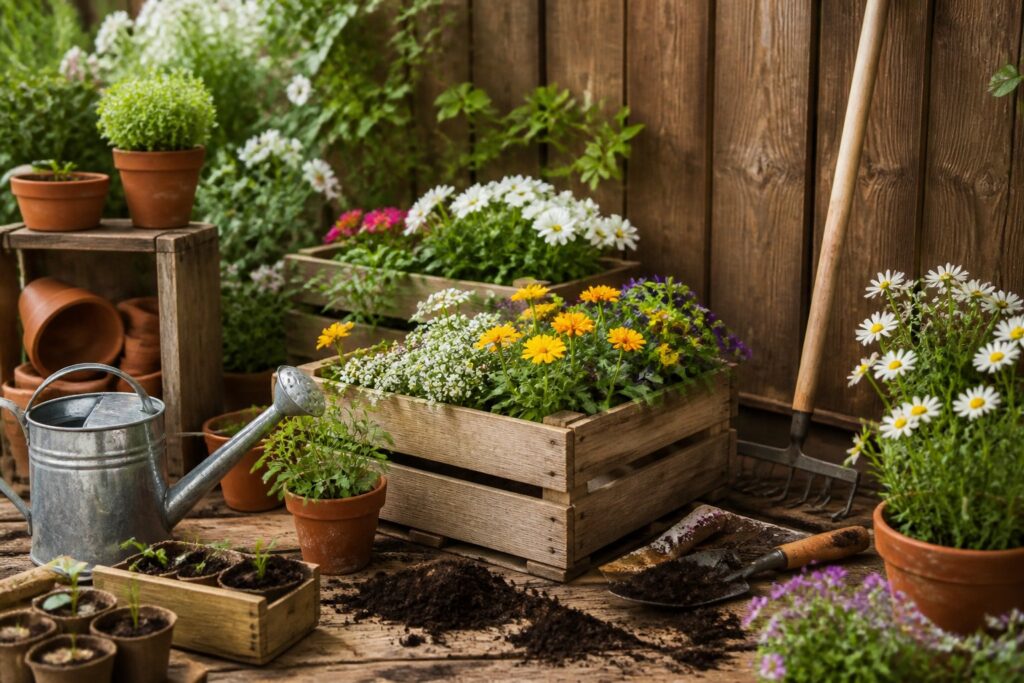 Petit jardin fleuri avec pots en terre cuite recyclés et caisses en bois remplies de fleurs