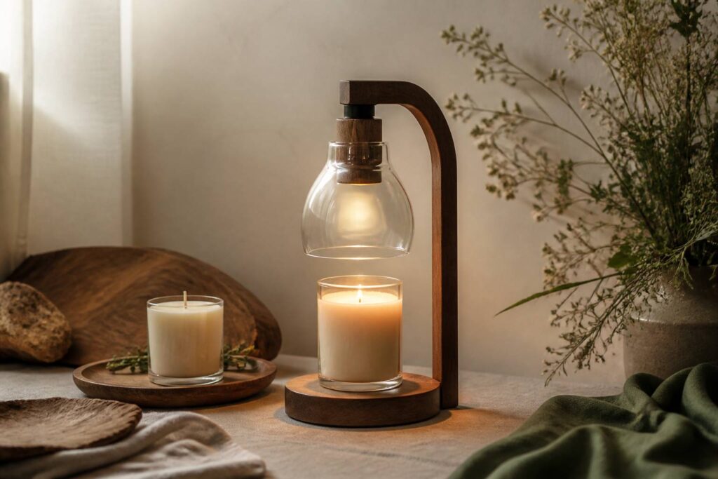 Lampe chauffe-bougie en verre et bois éclairant une bougie parfumée sur un plateau