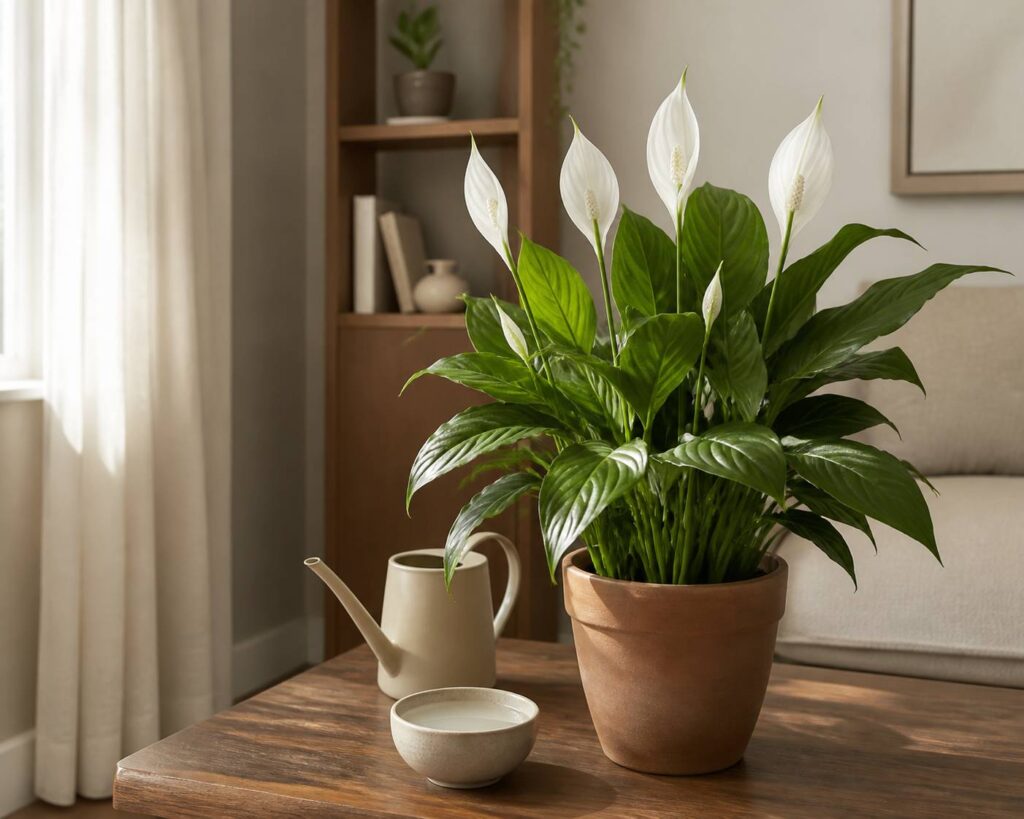 Lys de la paix en pleine floraison dans un pot en terre cuite sur une table en bois avec bol d'eau de riz