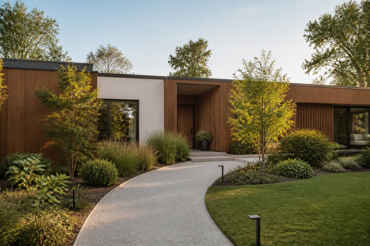 Façade moderne de maison de plain-pied avec chemin d'accès sans marches