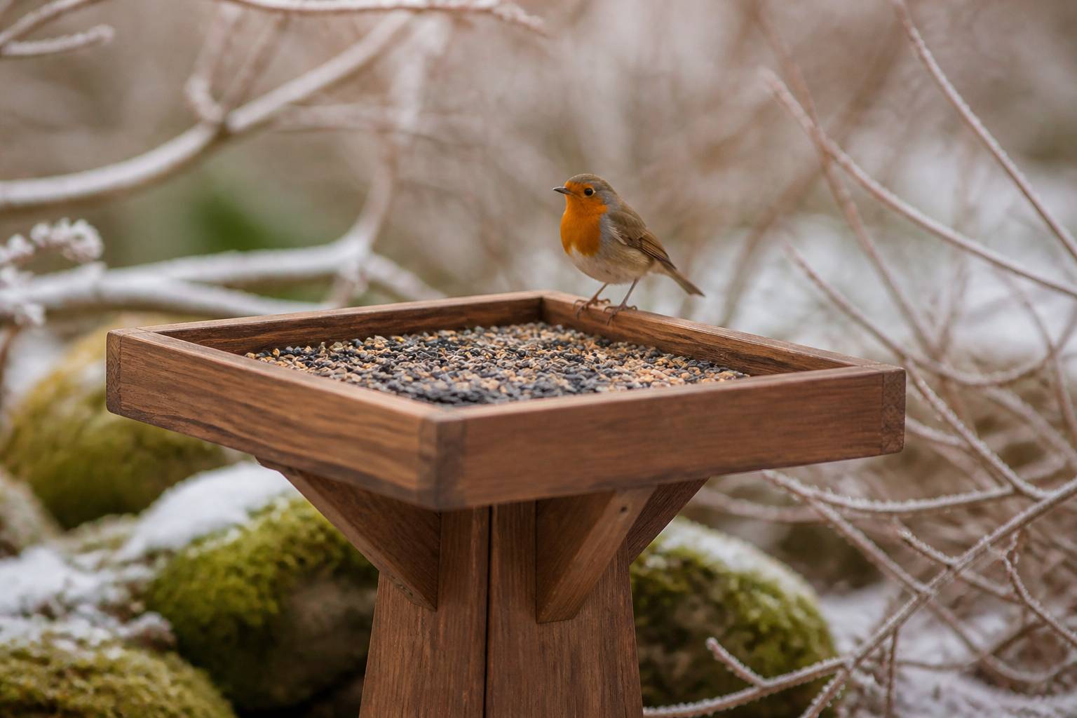 Mangeoire plateau sur pied dans un jardin avec un rouge-gorge au bord