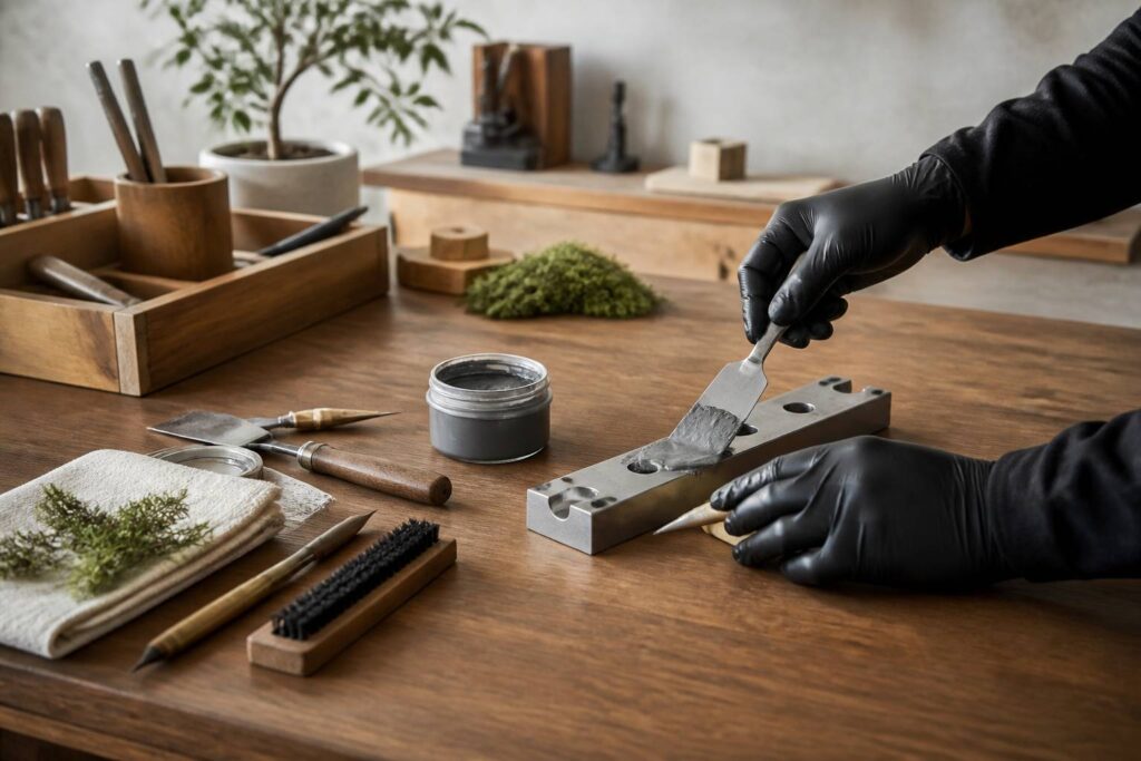 Application de mastic époxy à la spatule sur une pièce métallique dans un atelier
