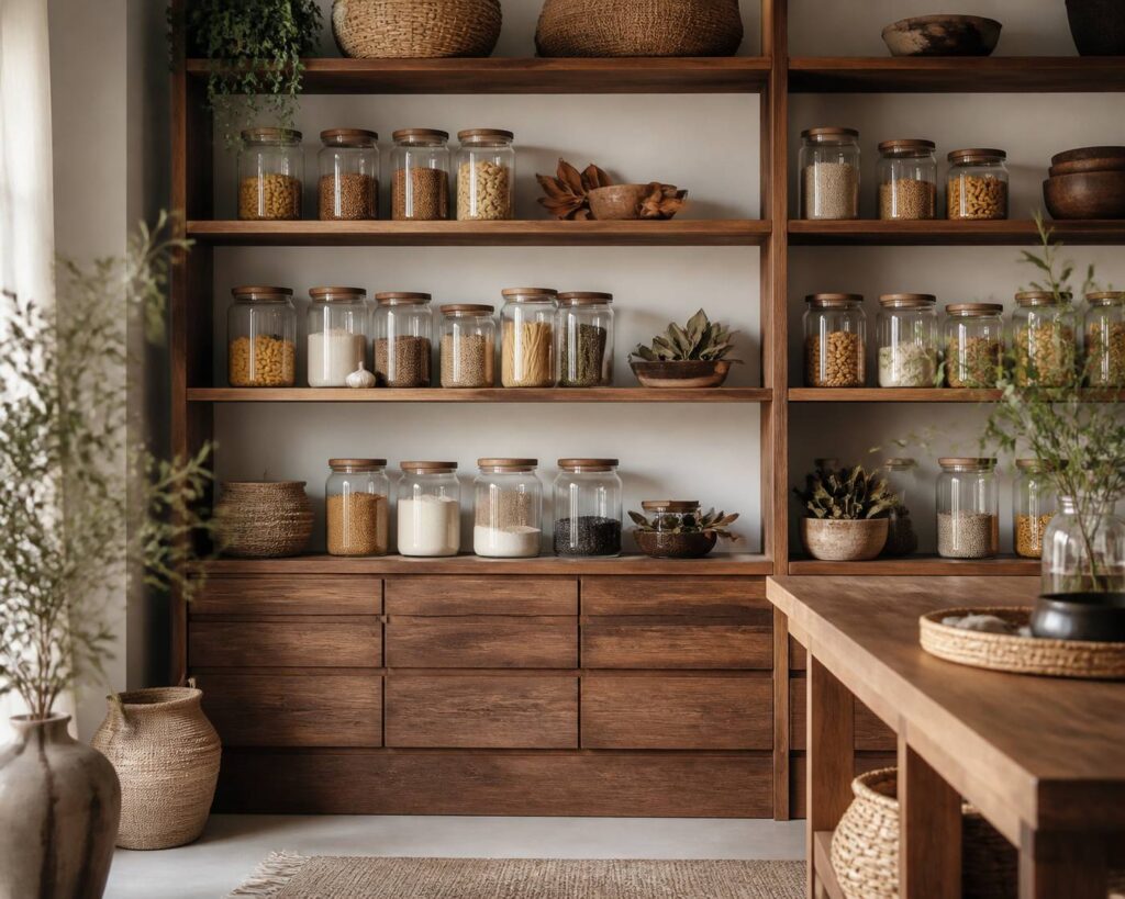 Garde-manger avec des bocaux en verre et des feuilles de laurier sur une étagère