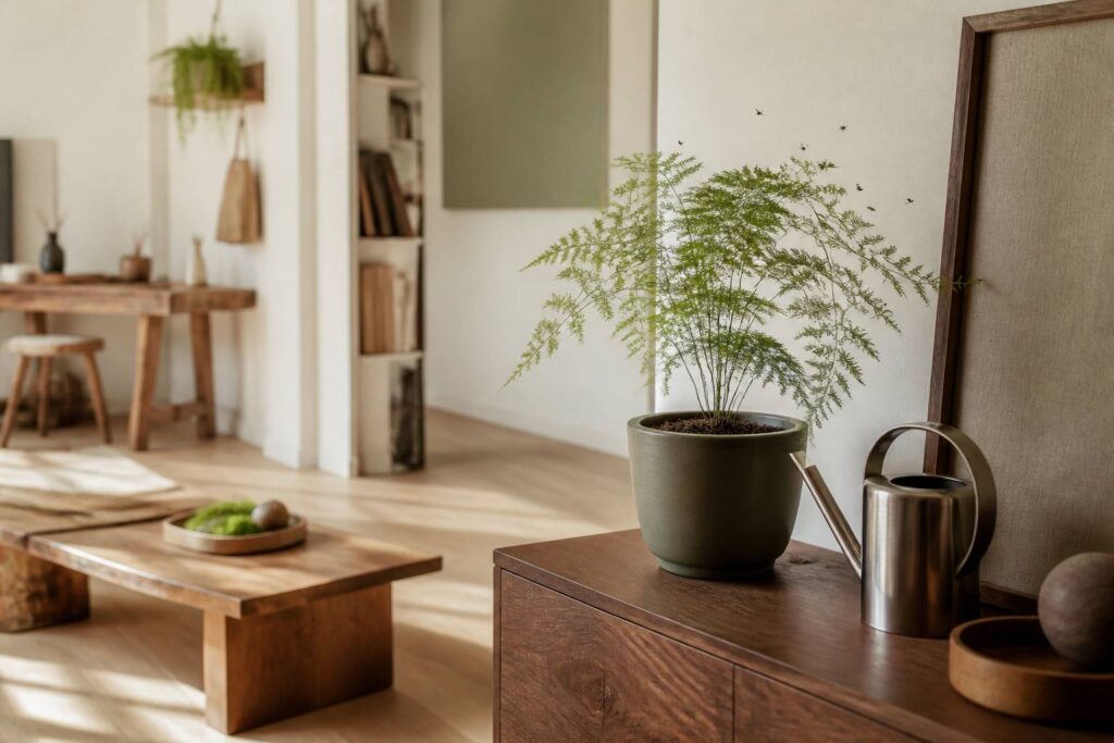 Plante verte en pot avec terreau humide et petits moucherons volant autour