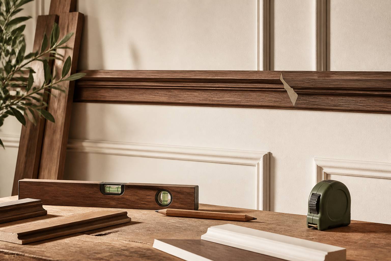 Cimaise en bois fixée sur un mur crème avec niveau à bulle et mètre