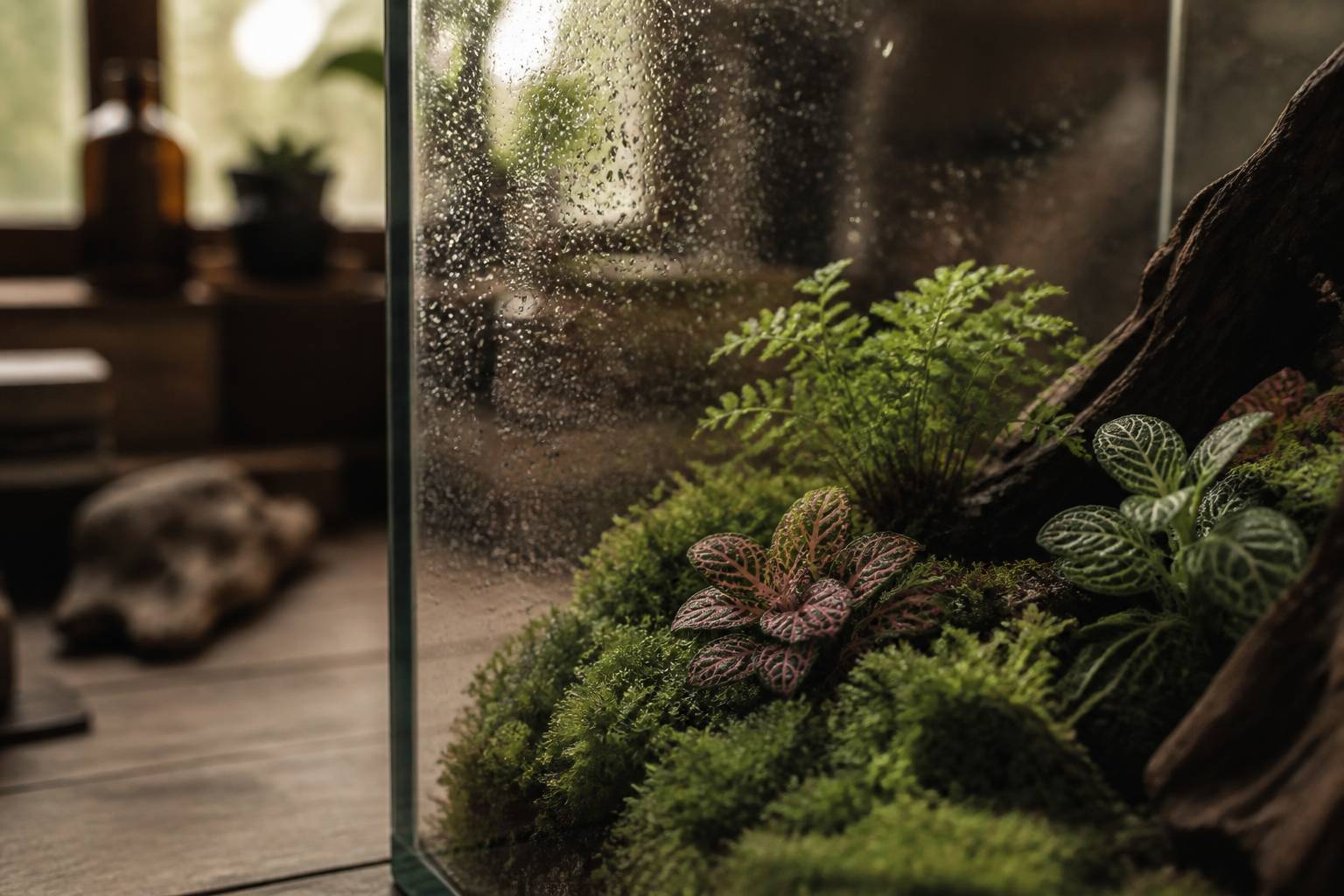 Mousses épaisses et feuilles de fittonia colorées à l'intérieur d'un terrarium
