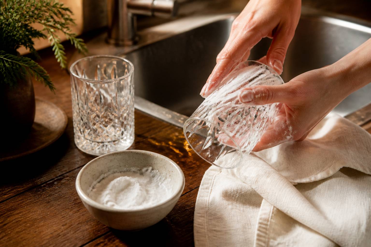 Main frottant un verre avec une pâte de bicarbonate dans l'évier