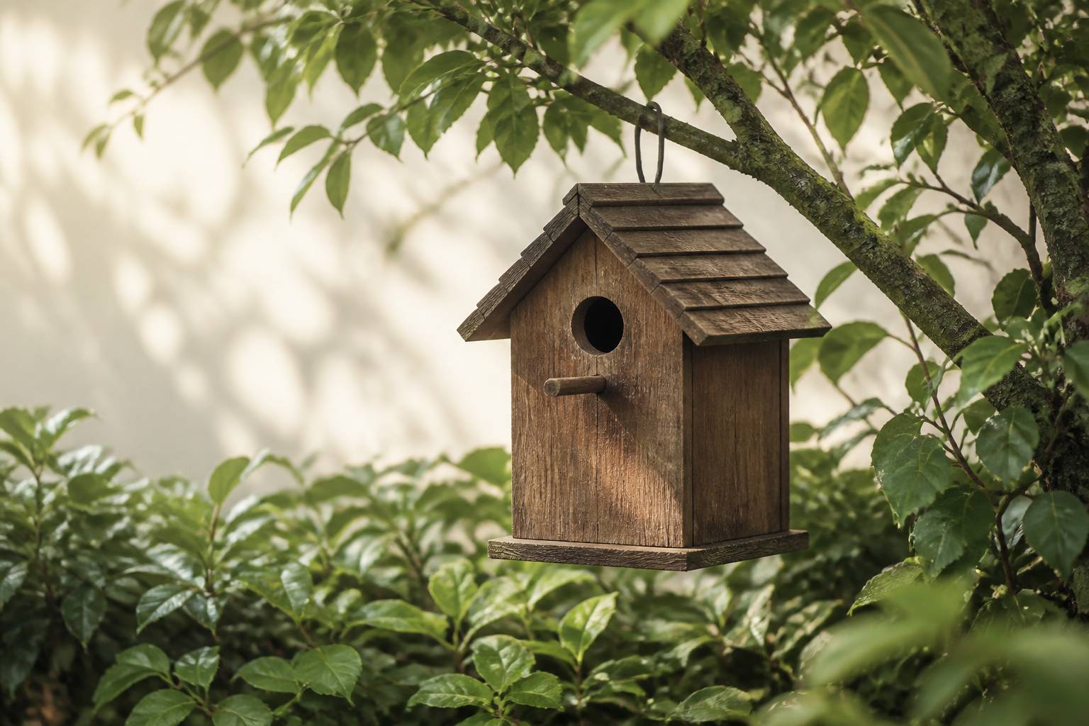 Nichoir en bois accroché dans une haie de jardin