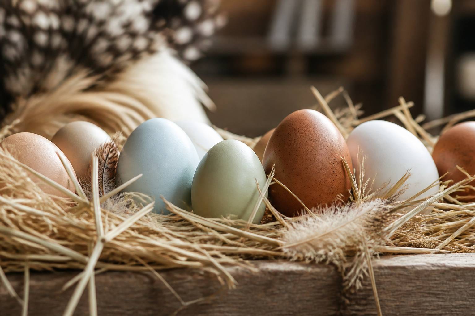 Œufs aux coquilles colorées alignés sur de la paille
