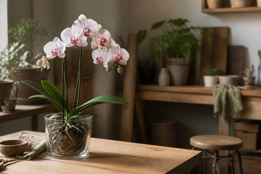 Orchidée phalaenopsis en fleur dans un pot transparent posé sur une table en bois