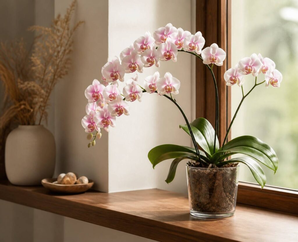 Orchidée phalaenopsis en fleurs posée sur un rebord de fenêtre