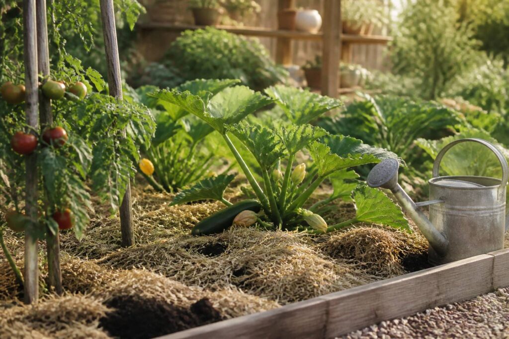Paillage de chanvre blond étalé autour de plants de tomates dans un potager