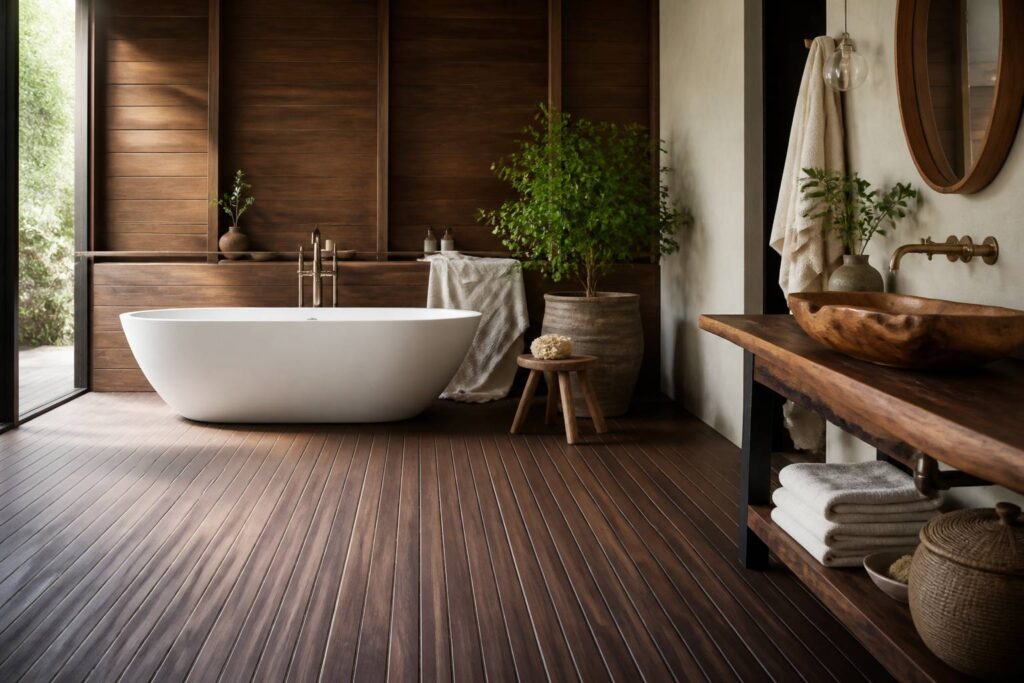 Salle de bain chaleureuse avec parquet en bois posé en pont de bateau