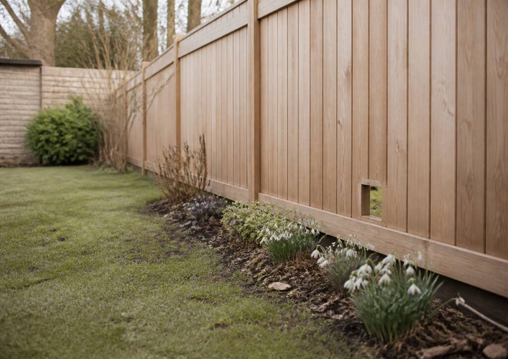 Jardin printanier avec clôture en bois percée d'un passage bas pour hérisson